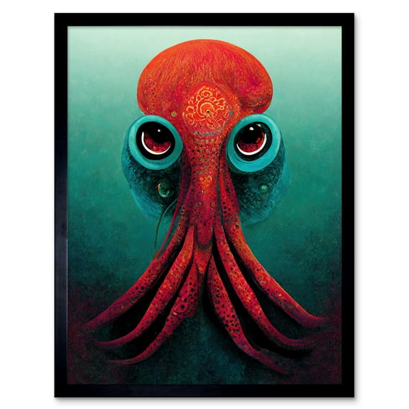 Modern Vibrant Red & Teal Octopus Art Print Framed Poster Wall Decor 12x16 inch