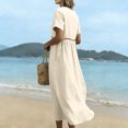 thumbnail image 6 of Domzest Midi Dress for Women V Neck Short Sleeve Sundress Summer Hollow Out Waist Boho Long Dresses for Beach Vacaion Beige XXL, 6 of 9