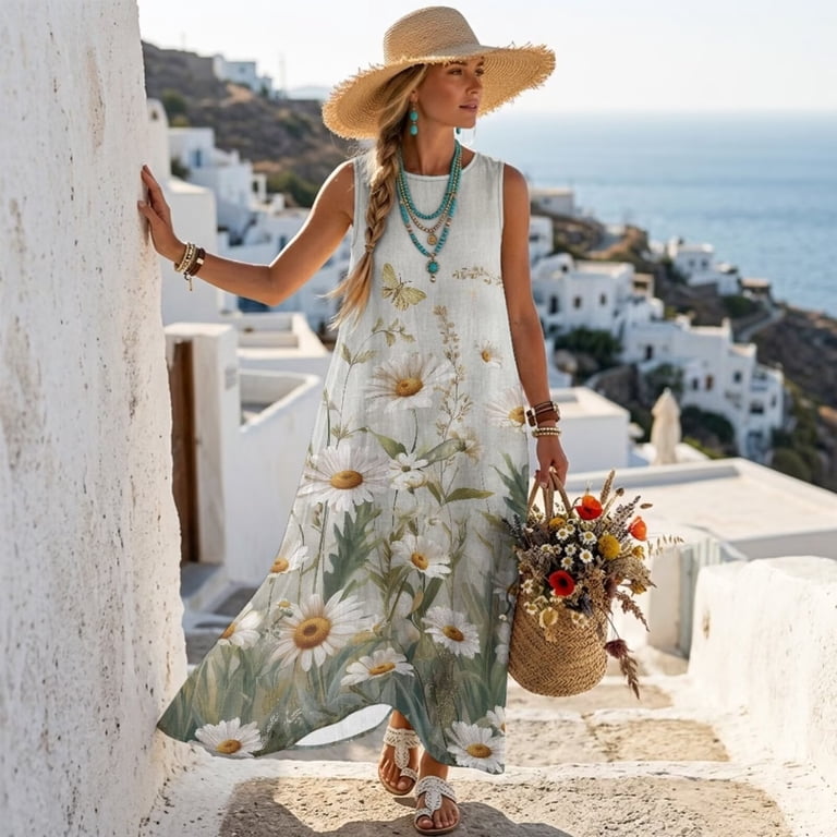 ladies daisy dress Fkelyi Retro Flower Print Women's Summer Tank Crew Neck Maxi Dress with Pockets Breathable Beach Long Dresses Linen-Like Sundress and variations in fabric are to be expected and embraced. WOMEN DAISY WHITE DRESS –