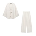 thumbnail image 5 of HH TRAF Conjunto de 2 piezas para mujer, chaqueta tipo kimono de algodón y lino con cuello en V, manga larga, cordones y pantalones anchos de lino con cintura elástica, 5 of 5