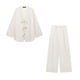 thumbnail image 5 of HH TRAF Conjunto de 2 piezas para mujer, chaqueta tipo kimono de algodón y lino con cuello en V, manga larga, cordones y pantalones anchos de lino con cintura elástica, 5 of 5