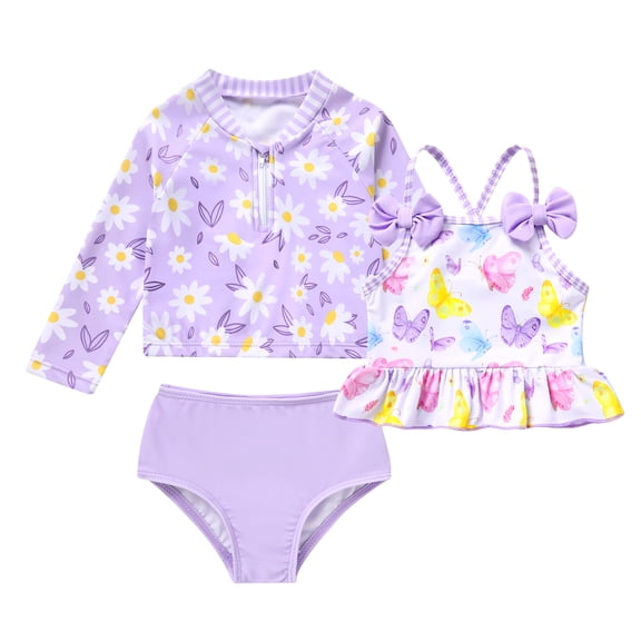 Tiny Cutey Toddler Girl Swimsuit Baby Long Sleeve Rashguard Top and Tankini Bathing Suit 3 Piece Set for 18-24 Months