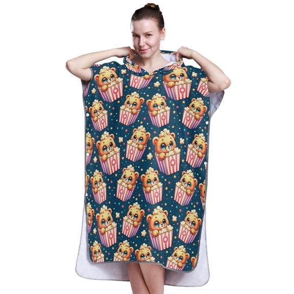 Hooded Beach Towel Adult Bath Poncho Towels Soft Absorbent Quick Dry for Surf Swim Pool Men Women Teens Cute Bear in Popcorn