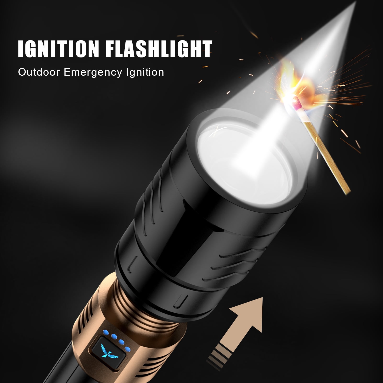 High-lumen LED flashlight with fire-starter function, adjustable focus & 4 modes—ideal for outdoor adventures and household needs.