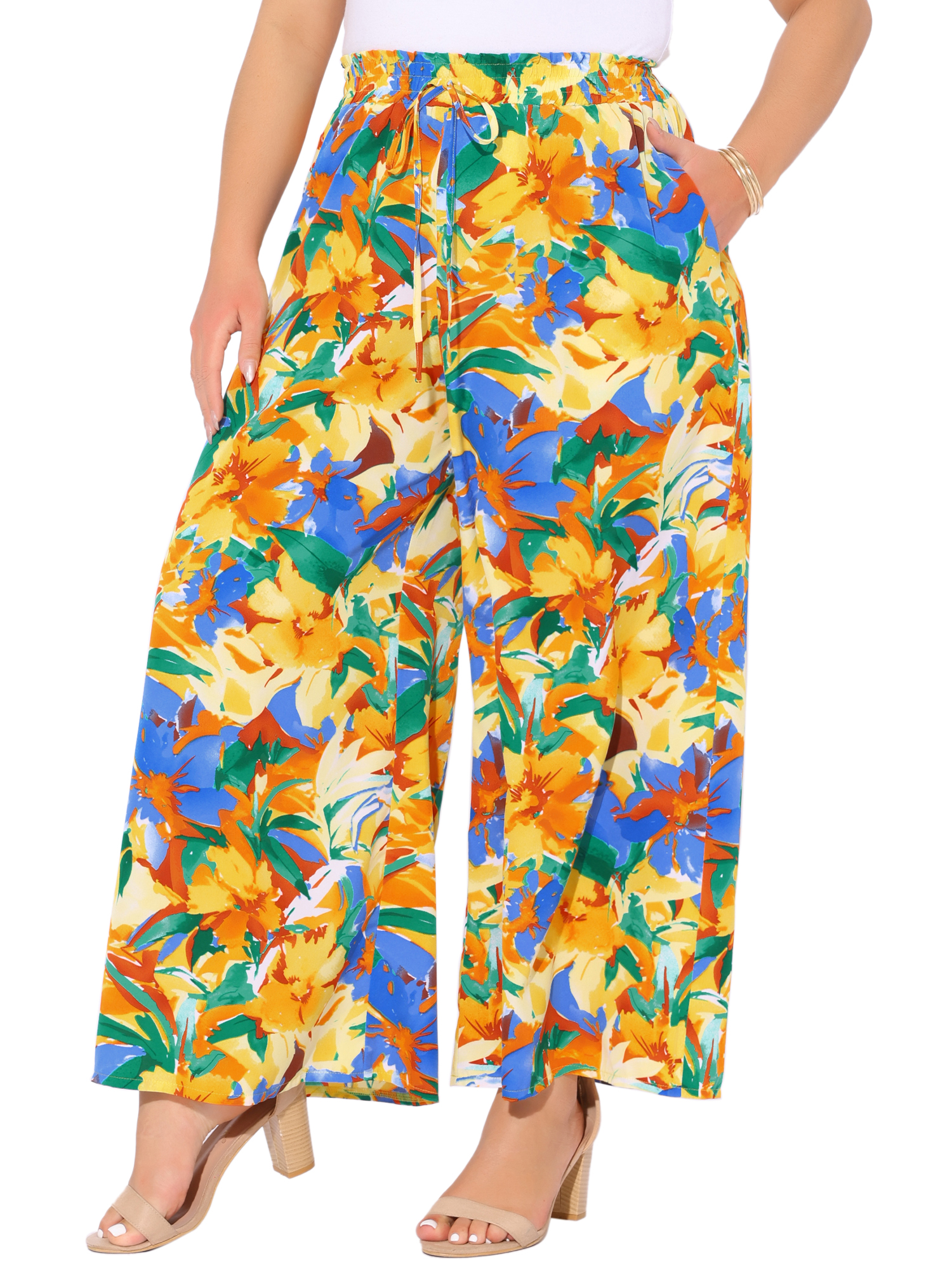 DARING DIVA Women's Plus Boho Floral Palazzo Trousers Pants 2X Yellow Orange