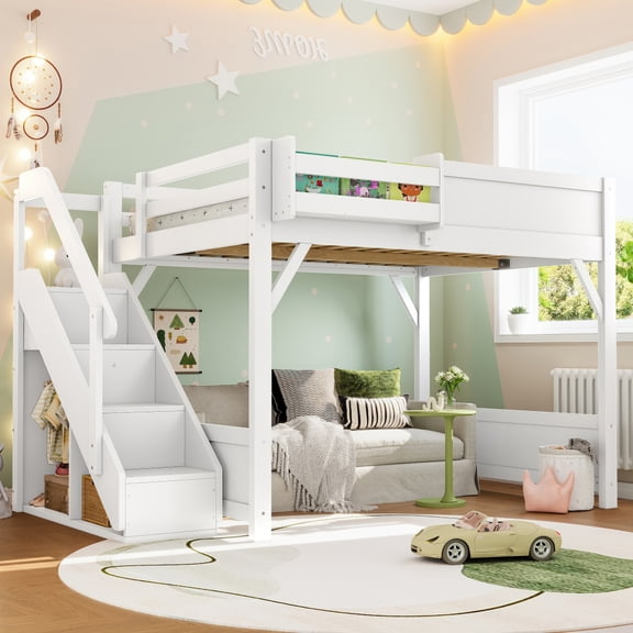 Full Size Loft Bed with Built-in Wardrobe and Storage Space, Solid Wood Loft Bed with Beside Shelves, Full-length Guardrails and Stairs, No Box Spring Needed, White