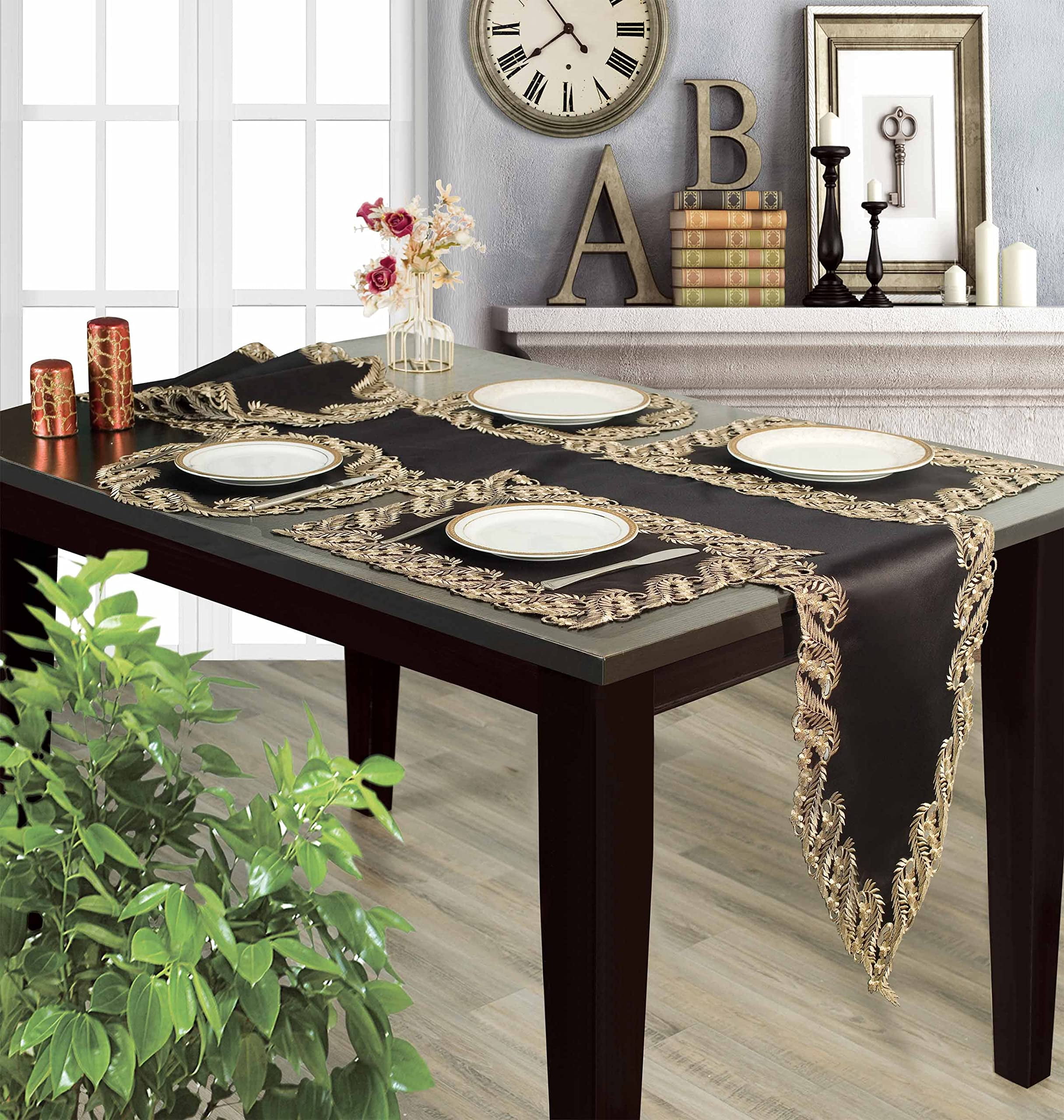 Gold Lace Black Table Runner - Dresser Scarf European Embroidery - Perfect for Fall Autumn Thanksgiving Kitchen Dining Room Home Decor Wedding Receptions - 14 x 108 inches - The Anyce Collection