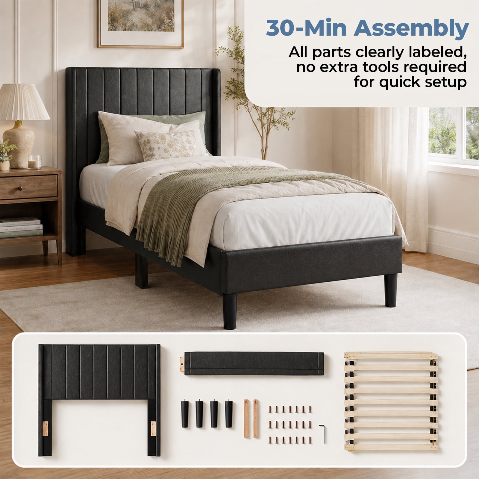 Alvantor Upholstered Bed Frame, Fabric-covered Wing-shaped Headboard and Wooden Crossbars, Bed Frame with Storage Space, Easy Assembly, Noise Free, No Box Spring Needed
