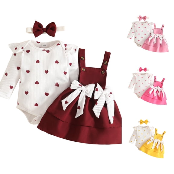 Ulitacool Girl Outfits Long Sleeve Crewneck Graphic Prints T Shirts Suspender Skirts Fashion Toddler Clothing 12-18 Months Red