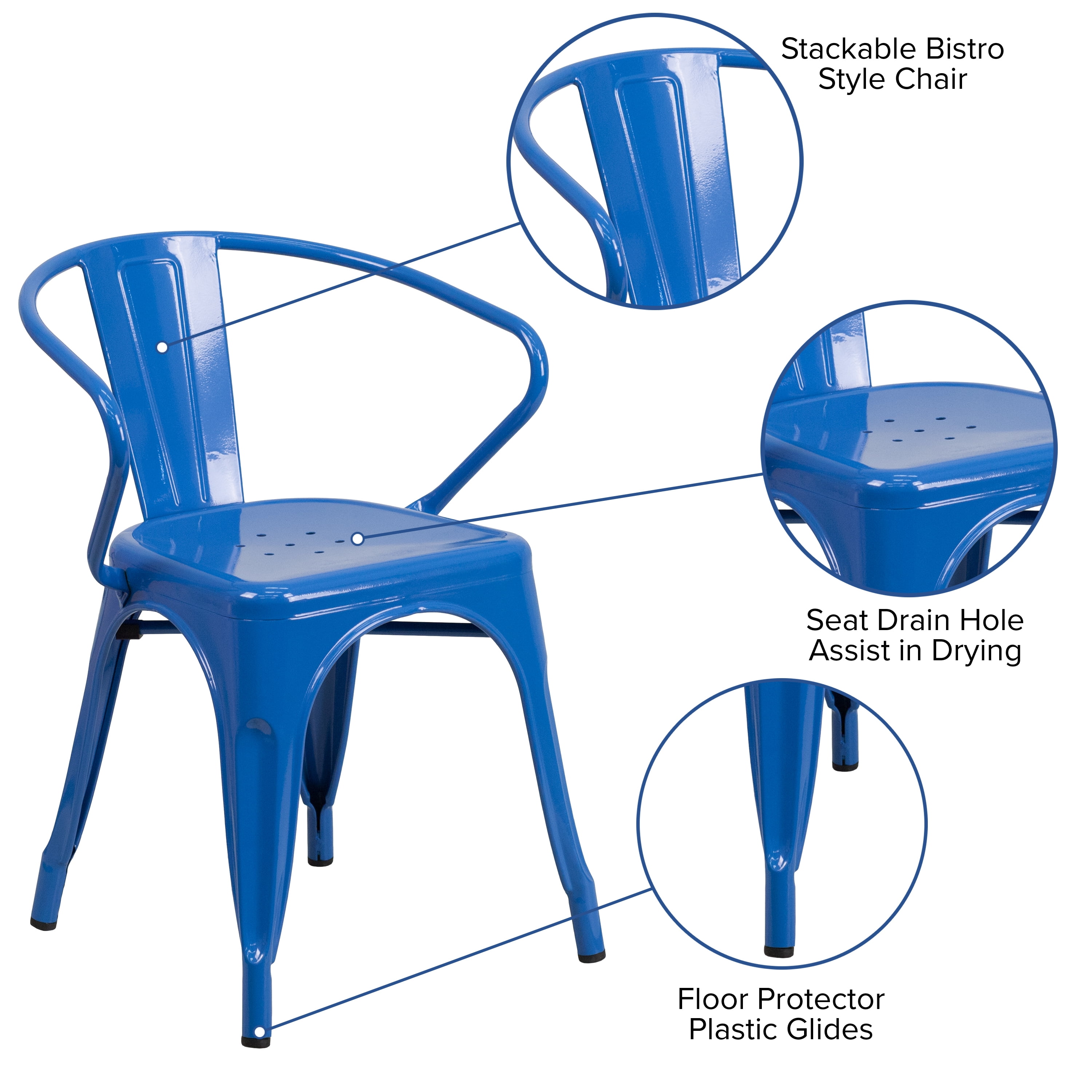 Flash Furniture Commercial Grade Blue Metal Indoor-Outdoor Chair with Arms