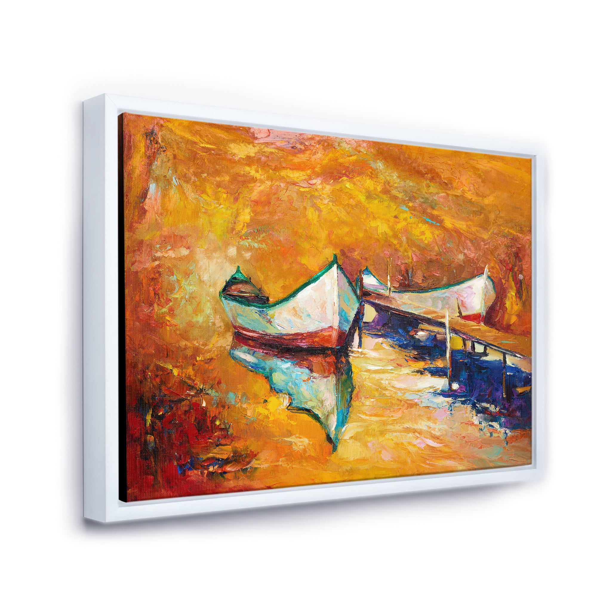 Designart 'Little Boat During Warm and Orange Evening' Nautical & Coastal Framed Canvas Wall Art Print