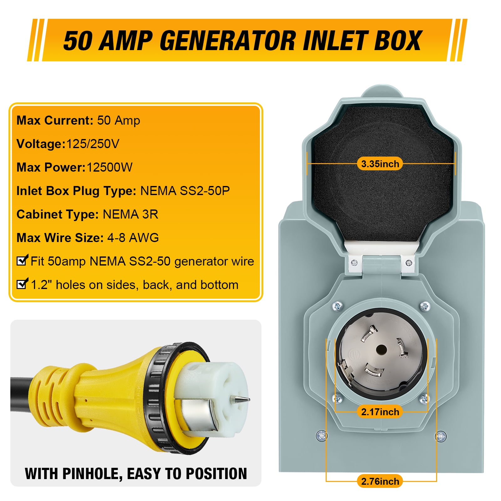 50 Amp Generator Extension Cord, Pre-Drilled Power Inlet Box with Twist Lock, Generator Cable 50A 4 Prong, NEMA 14-50P/SS2-50R Heavy Duty 6/3+8/1 AWG STW Wire for RV Camper & House