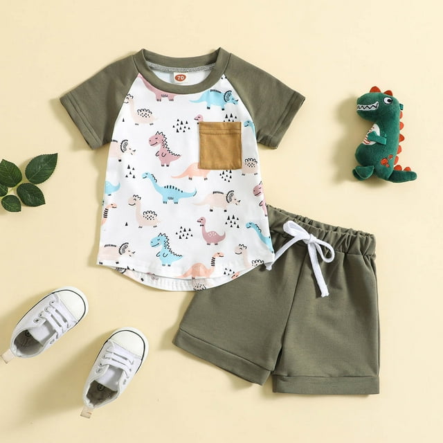 Toddler Boys Girls Short Sleeve Dinosaur Car Print T-Shirt and Shorts Play Set