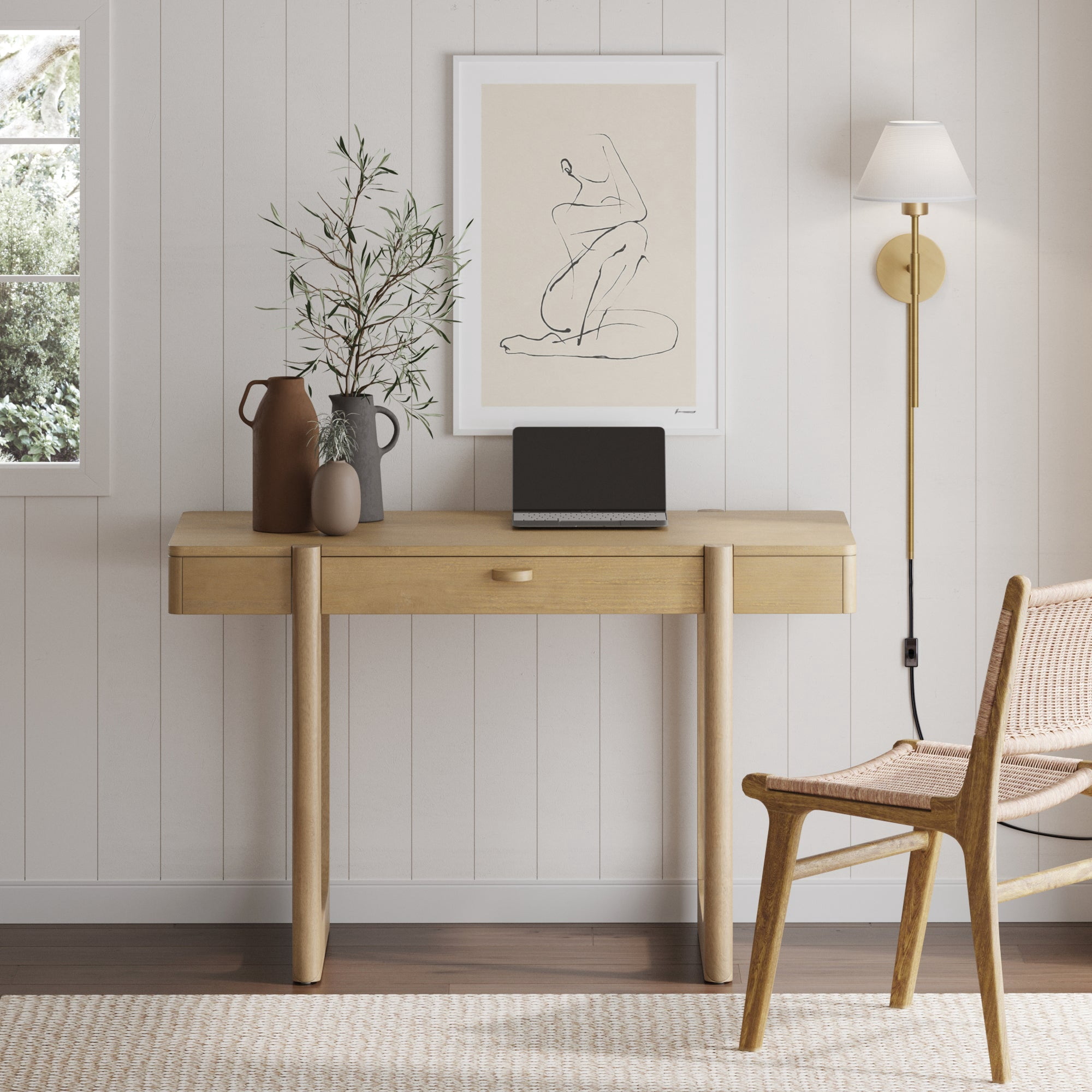 Nathan James Haley Mid Century Modern Home Office Desk, Solid Wood Writing Desk with Drawer and Rounded Legs, Light Brown