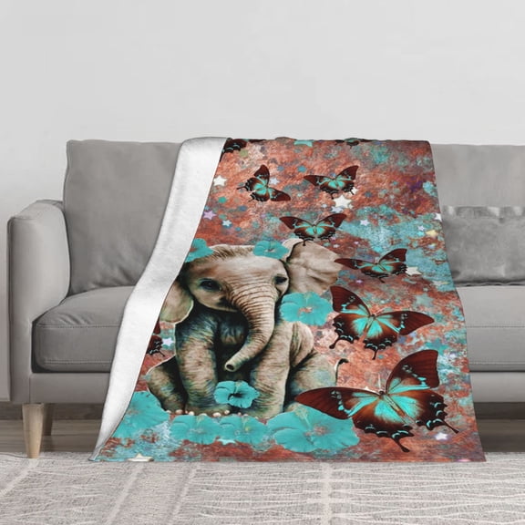 Cute Baby Elephant and Teal Butterfly Throw Blanket, 280GSM Ultra Soft Flannel Fleece Vertical Blanket, Single-Sided Full Print Lightweight Cozy Plush Blanket for Sofa Couch Bed Decor