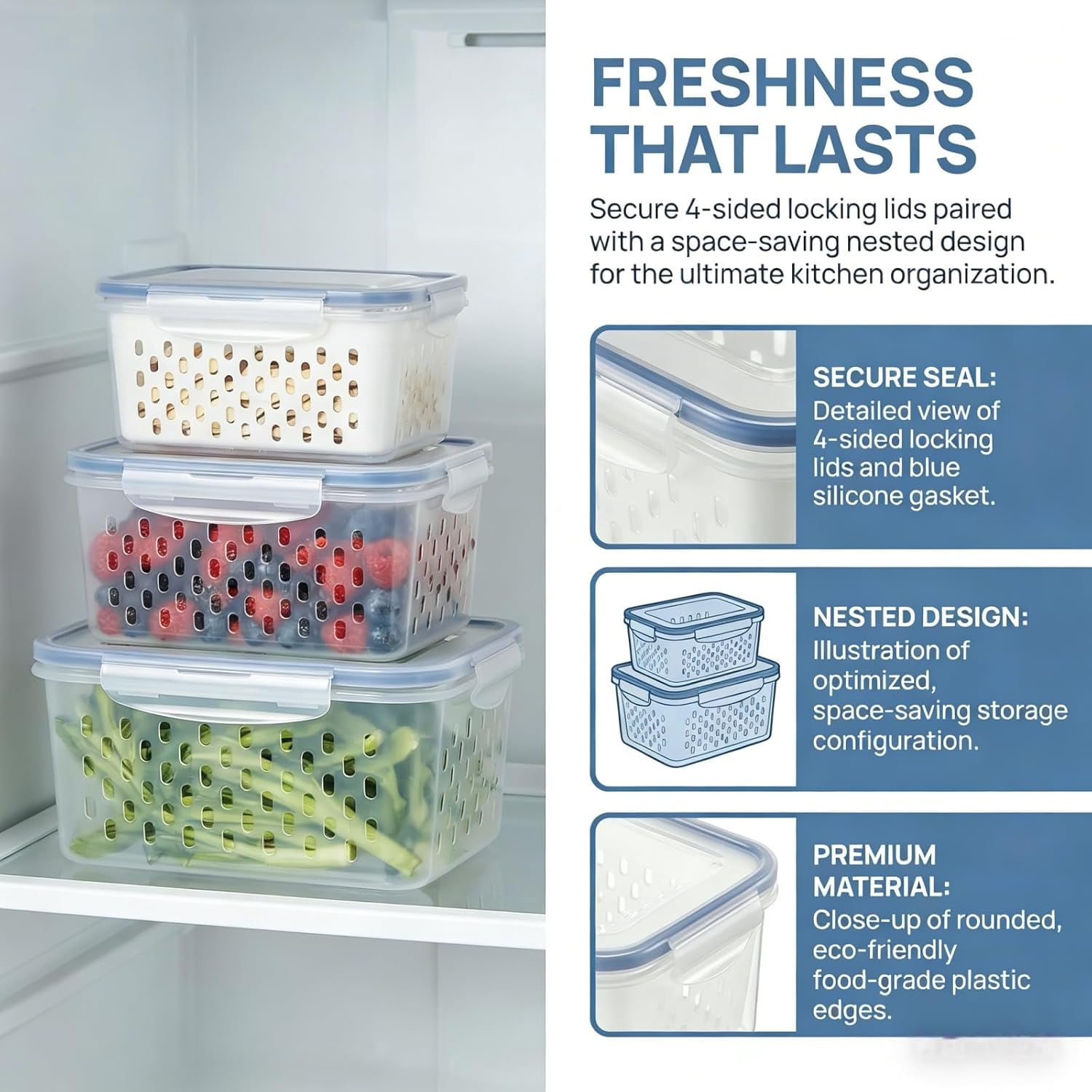4 In 1 Food Storage Container,Produce Storage Containers for Fridge,Fruit Storage Containers With Removable Colander,Multipurpose Stackable Fruit Storage Containers (3pcs-gray)