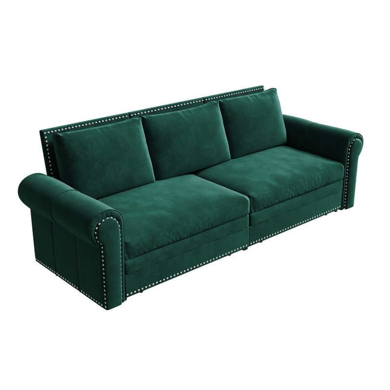 3-in-1 Velvet Convertible Sleeper Bed, 93.7" Chesterfield Sofa, King Size Pull Out Sofa Bed with Nailhead Trim & Rolled Arms, , Multi-Functional Futon Bed for Living Room, Bedroom, Apartment