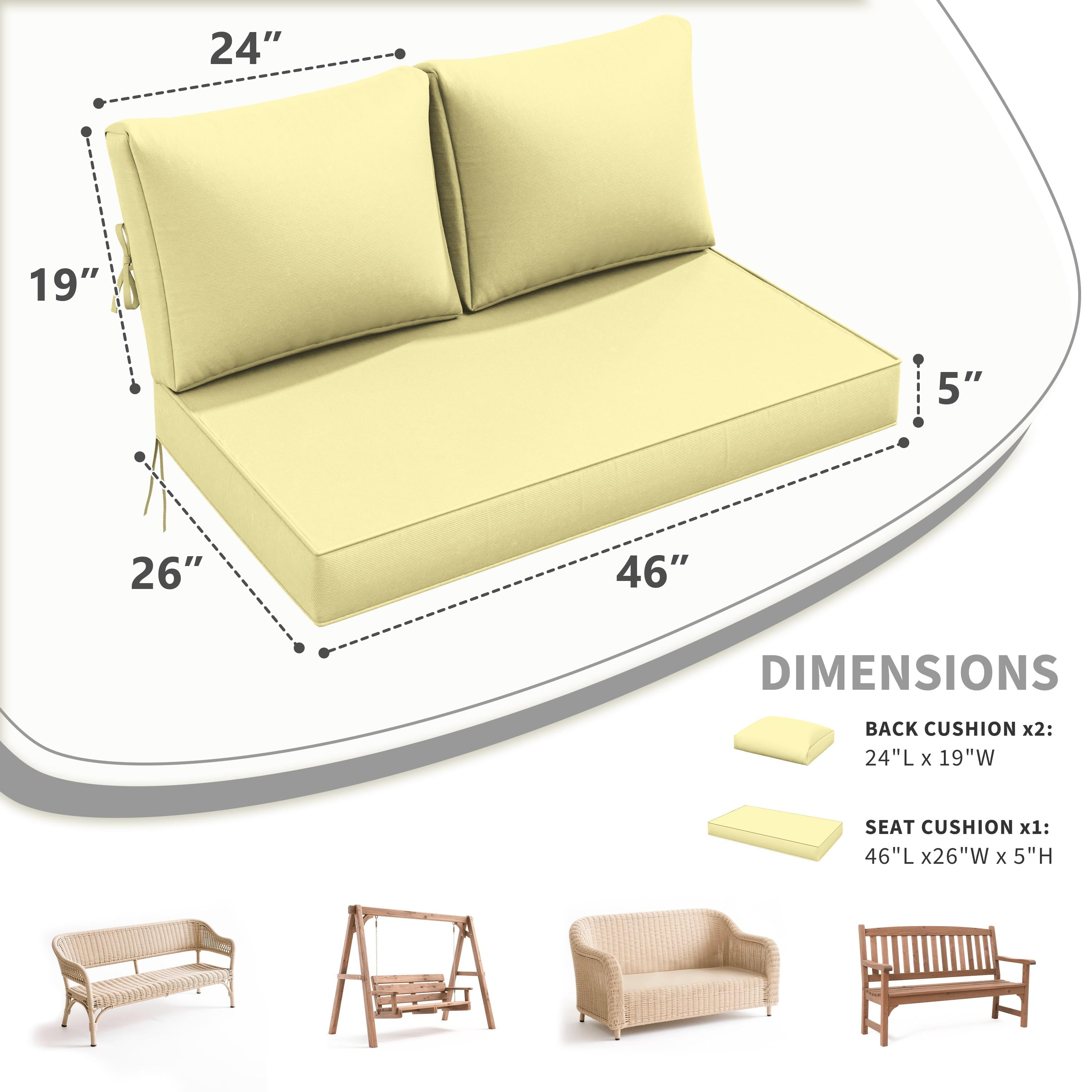 Kimunuk Outdoor Loveseat Cushion Set, 46" x 26" x 5" Waterproof Patio Furniture Cushions for Couch Bench Swing, Light Yellow