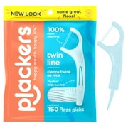 Plackers Twin Line Dental Floss Picks, Dual-Line Tuffloss, Easy Storage, Cool Mint Flavor, 150 Count