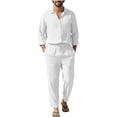 thumbnail image 2 of Men's Linen Blend Camp Collar Long Sleeve Shirt and Drawstring Pants Two Piece Outfit White M, 2 of 7