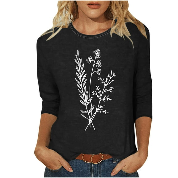 DeHolifer T-Shirts for Women 3/4 Sleeve Floral Printed Lightweight Summer Trendy Short Sleeve T-Shirts Black L