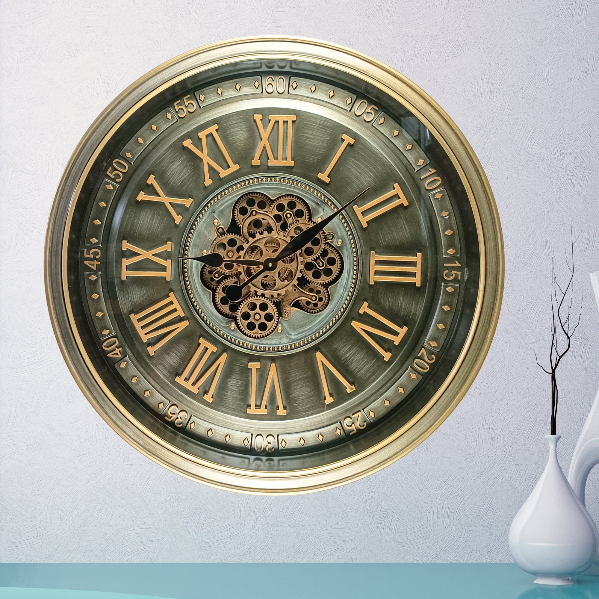 THE GEARS CLOCK Wall Clock with Real Moving Gears IR-LI_ 32 in Round BRASS-ANTIQUE