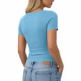 thumbnail image 4 of KIHOUT Women's Ribbed Knit Henley V-Neck Short Sleeve T-Shirt Stretchy Form-Fitting Casual Everyday Top, 4 of 6