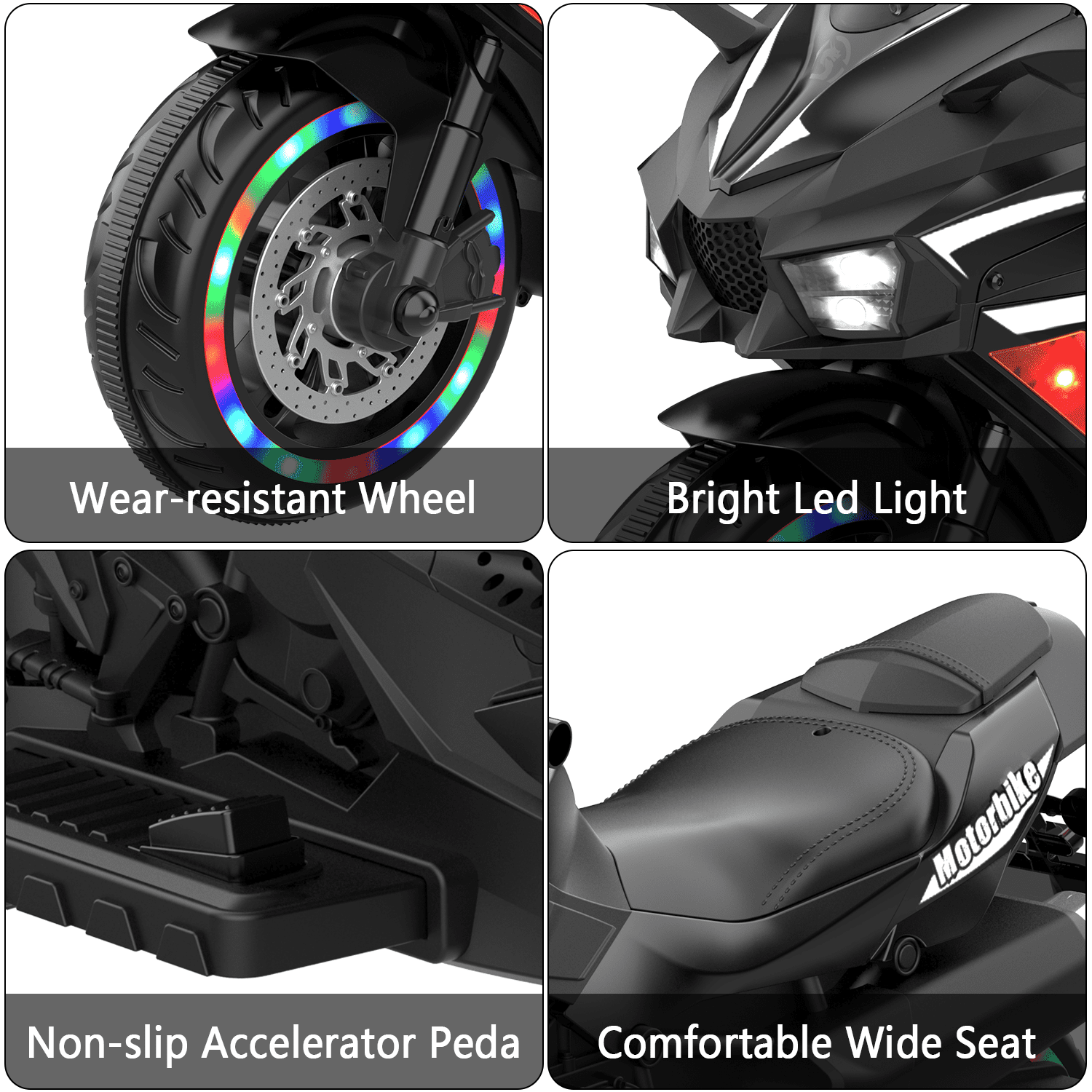 Werseon 12V Motorcycle Ride on Toy for Kids Ages 3+, Rechargeable Motorcycle with LED Light & Training Wheels, up to 90lbs, Black