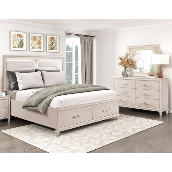Beautiful Queen Bedroom Set 3pc Bed Dresser Mirror LED Light Headboard Storage Drawers