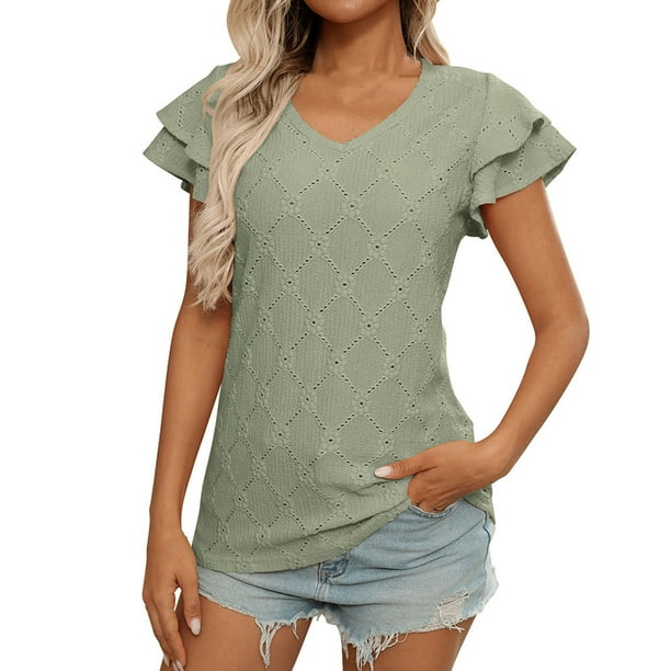 Camiseta de Manga Corta de Verano para las Mujeres de Moda de Color Sólido con Cuello en V, Top Casual de Poliéster, Lavado de Manos