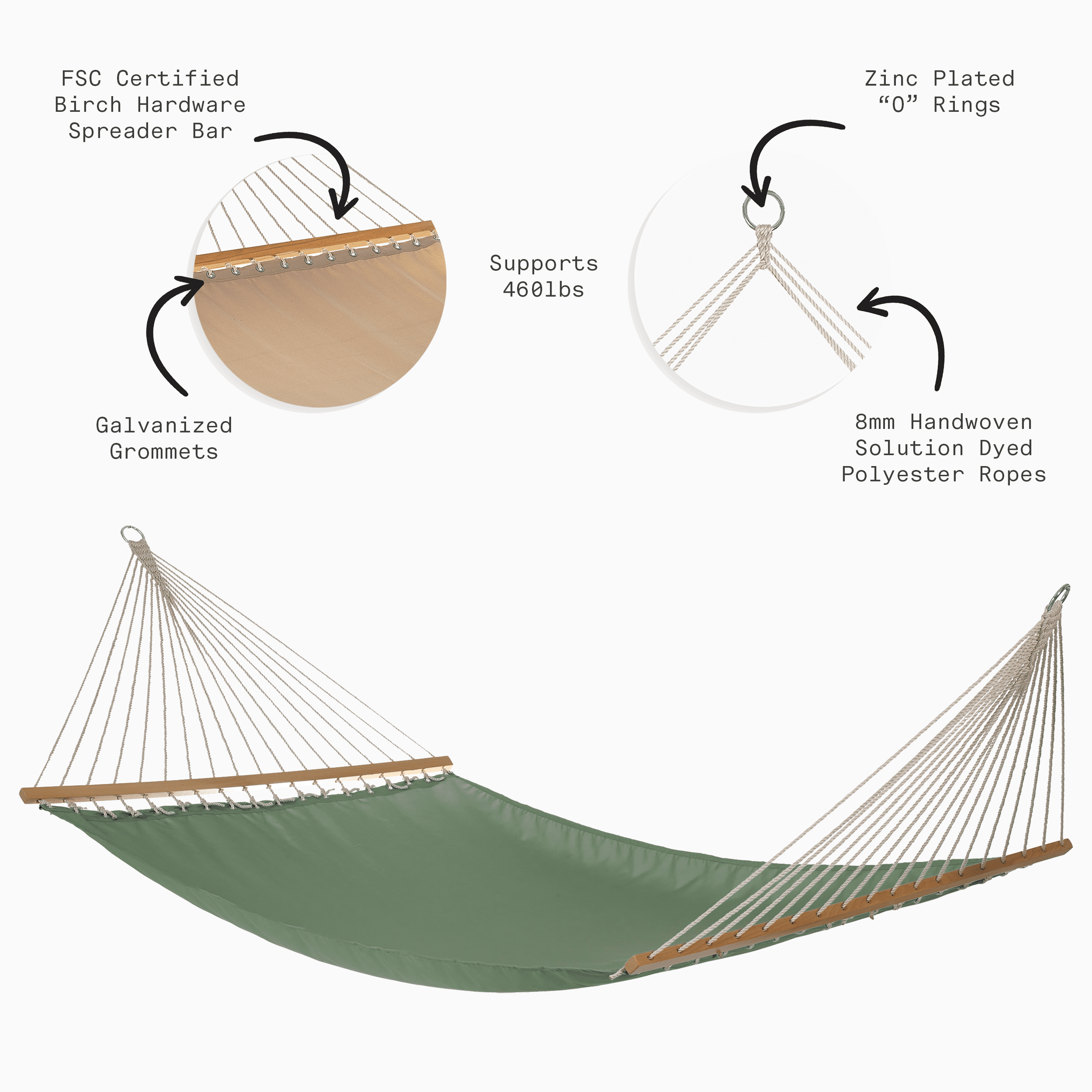 Fab Habitat Solid Recycled Polyester Hammock - Fargo - Green - Indoor/Outdoor, Quick Dry, 2 Person 460 lbs Capacity - Patio, Poolside, Backyard, Garden, Beach, Balcony - 12-14 ft Adjustable