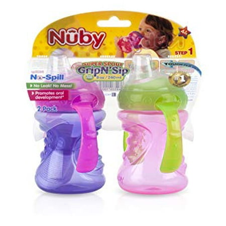 Nuby 2-Pack Two-Handle No-Spill Super Spout Grip N' Sip Cup, 8 Ounce, Colors May