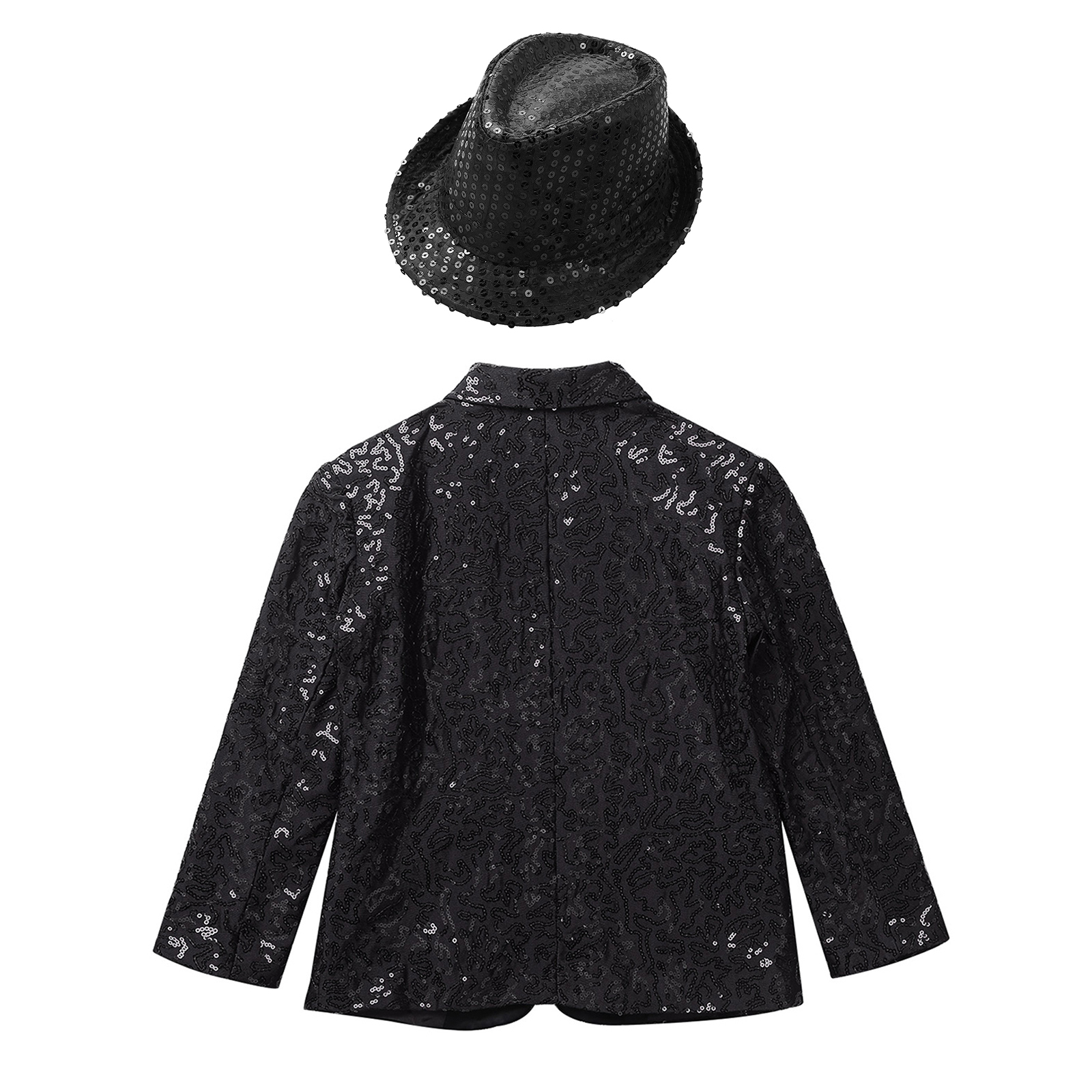 MSemis Kids Boys Shiny Sequin Suit Jacket Party Blazer Dance Tuxedo Costume with Hat,Size 6-16 Black 10 - image 4 of 6