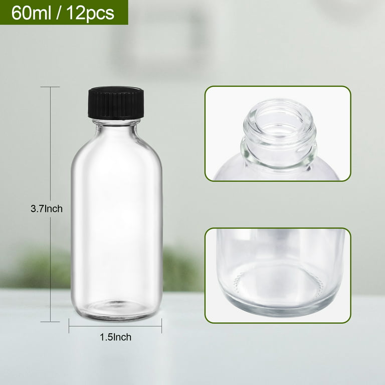 12, 2 Oz Small Clear Glass Bottles (60ml) With Lids & 3 Stainless Steel  Funnels - Boston Round Sample Bottles - Mini Travel Bottles, No Leakage