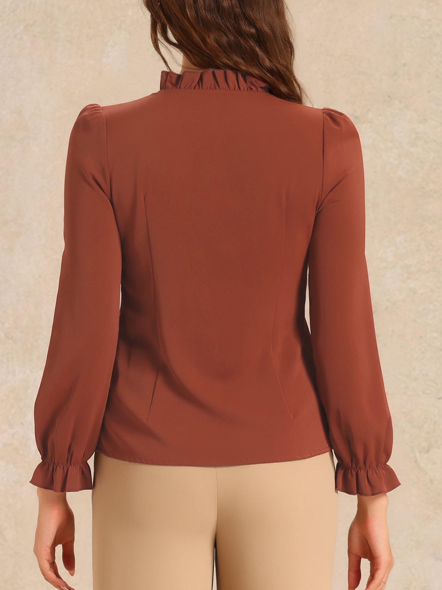 DARING DIVA Women's Spring Blouse Long Sleeve Ruffle Tie Neck Business Top M Caramel