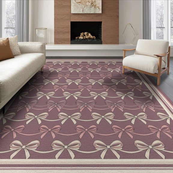 ODIKA 8'x10' Washable Area Rug Non-Shedding, Easy Care, Motif Striped Border Ribbon Scatter Polka Pink Bowknot Repeat Playful Expressive for King Size Bedroom Under Bed, Master Suite