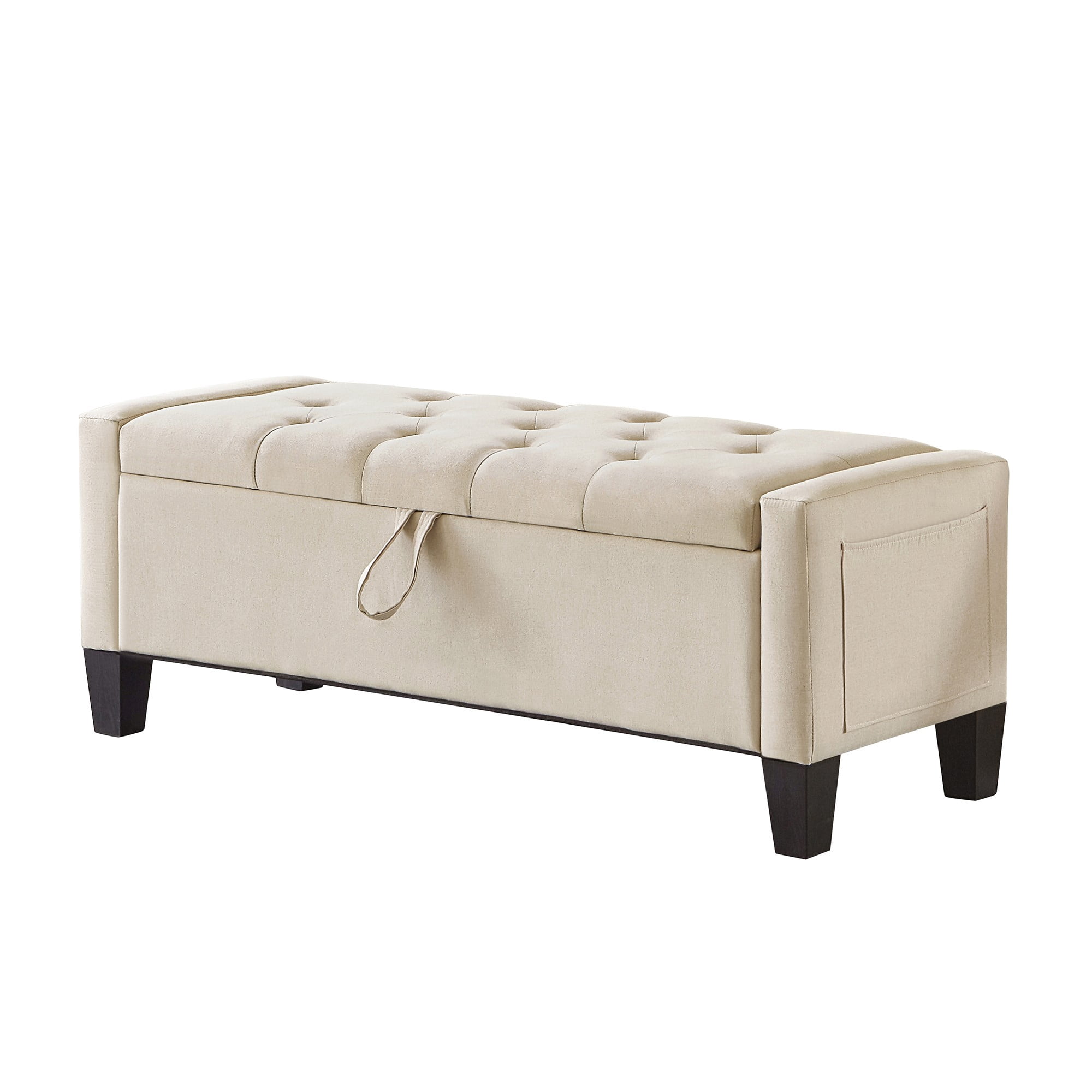 GZXS 45" Linen Upholstered Storage Ottoman Bench with Tufted Padded Seat, Hidden Compartment, and Side Pocket, for Entryway, Foyer, Bedroom or Living Area, Beige