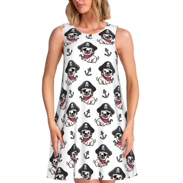 Fotbe DOG IS WEARING PIRATE COSTUME Vestido de Verano sin Mangas para Mujer – Vestido Midi Línea A, Estilo Camiseta Floral, Vestido Playero Casual y Fluido