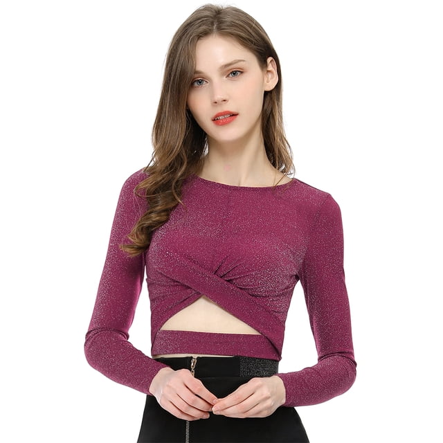 INSPIRE CHIC Disfraz de Navidad para mujer Tops con purpurina Twist Manga larga Recortada en la parte delantera Slim Fit Crop Top Fushcia L