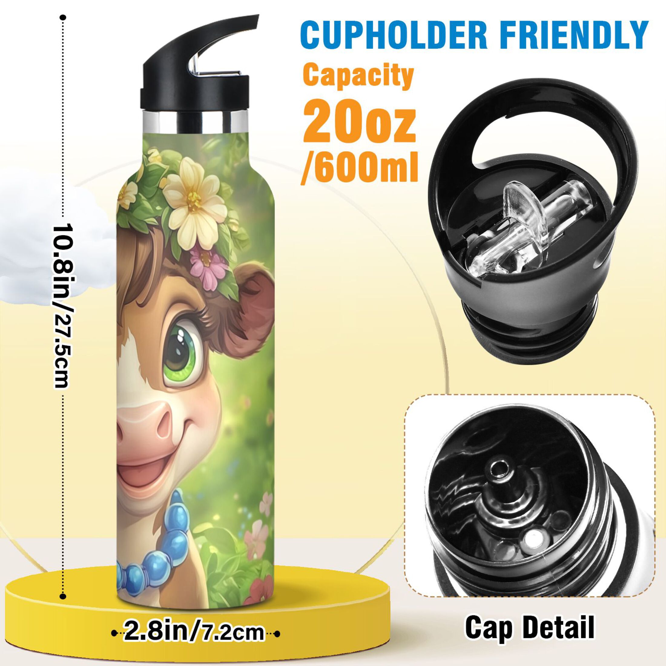Kids Insulated Stainless Steel Sports Water Bottle 600ml (20oz), BPA-Free Cows with Smiles on Faces