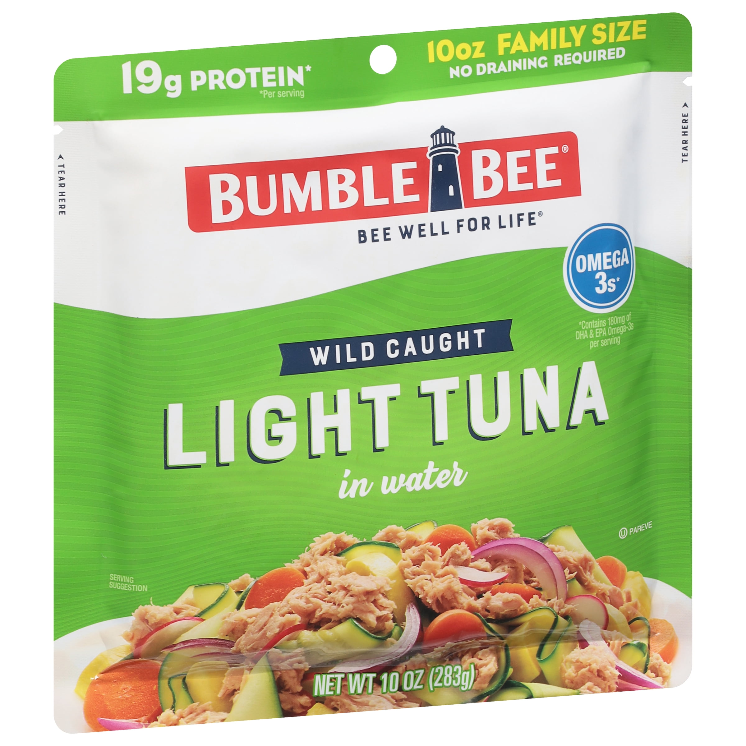 (10 pack) Bumble Bee Chunk Light Tuna in Water, Wild Caught Skipjack Tuna, Gluten Free, 19g Protein per Serving, Family Size, Shelf Stable Pouch, 10 oz