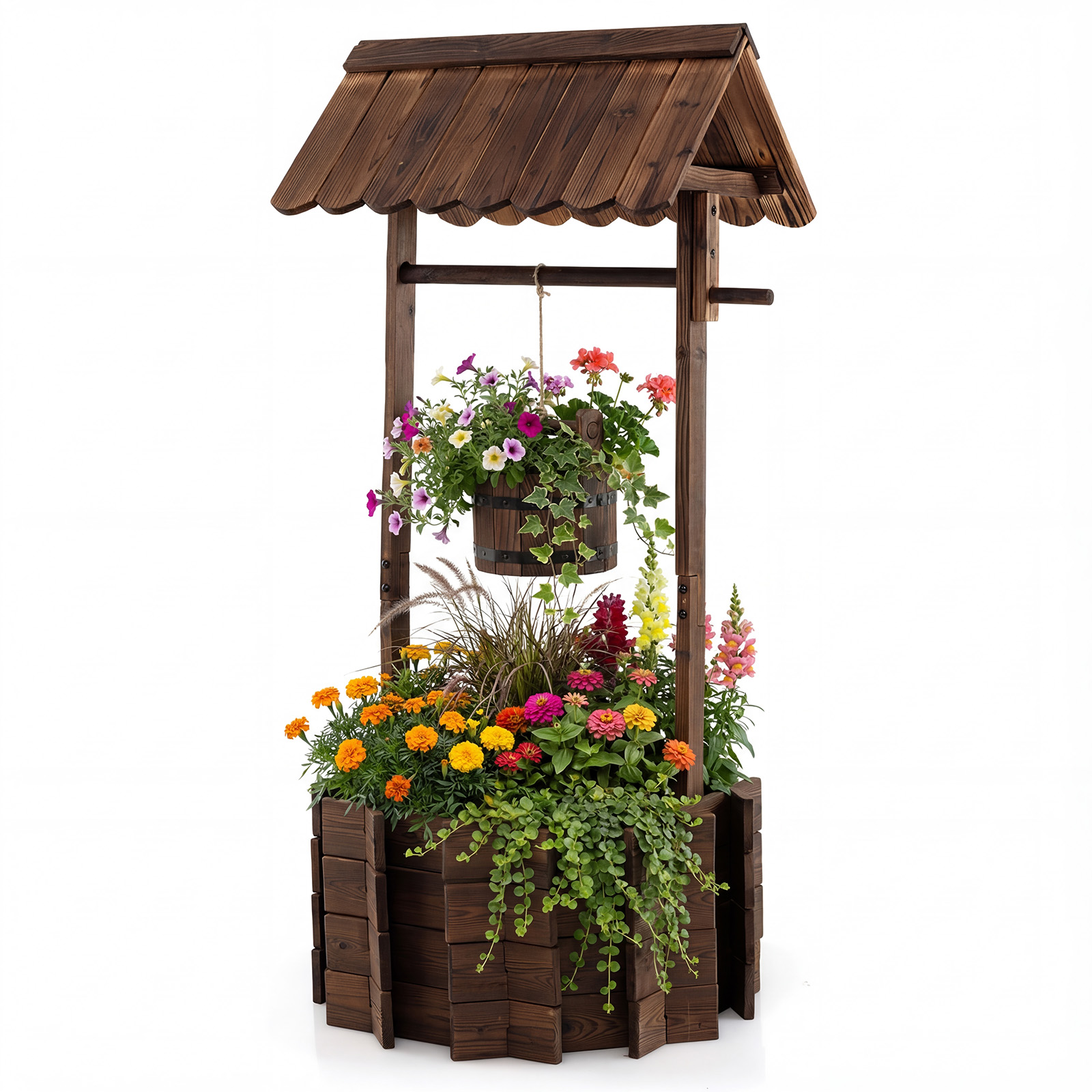 Costway Outdoor Wooden Wishing Well Bucket Flower Plants Planter Patio Garden Home Decor