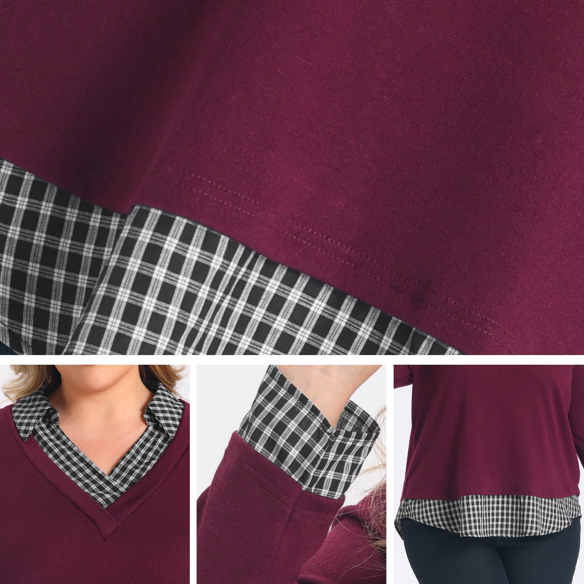DARING DIVA Women's Plus Collared Plaid Contrast Patchwork Long 3X Burgundy