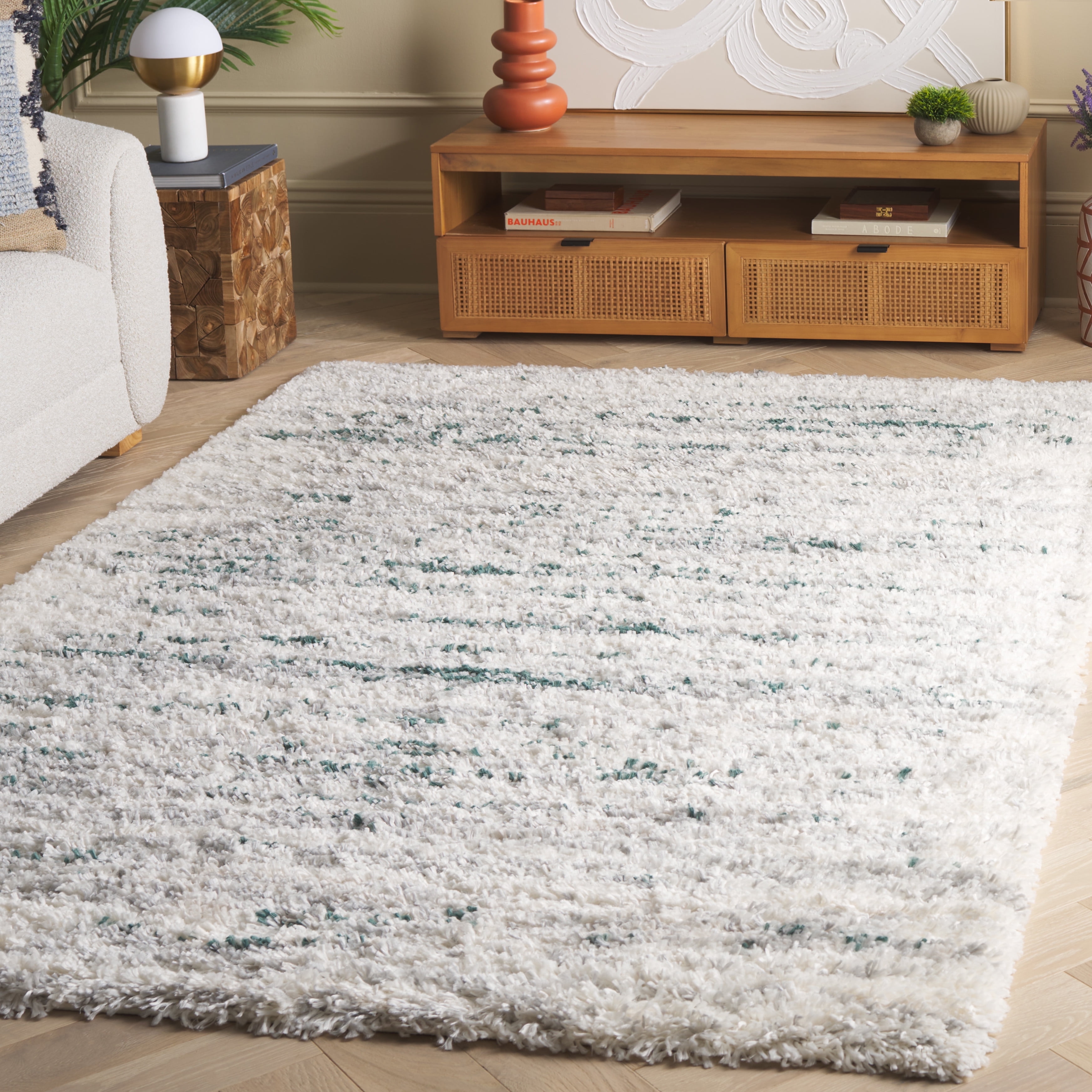 SAFAVIEH Fontana Danny Abstract Shag Area Rug, Ivory/Green, 3' x 5'