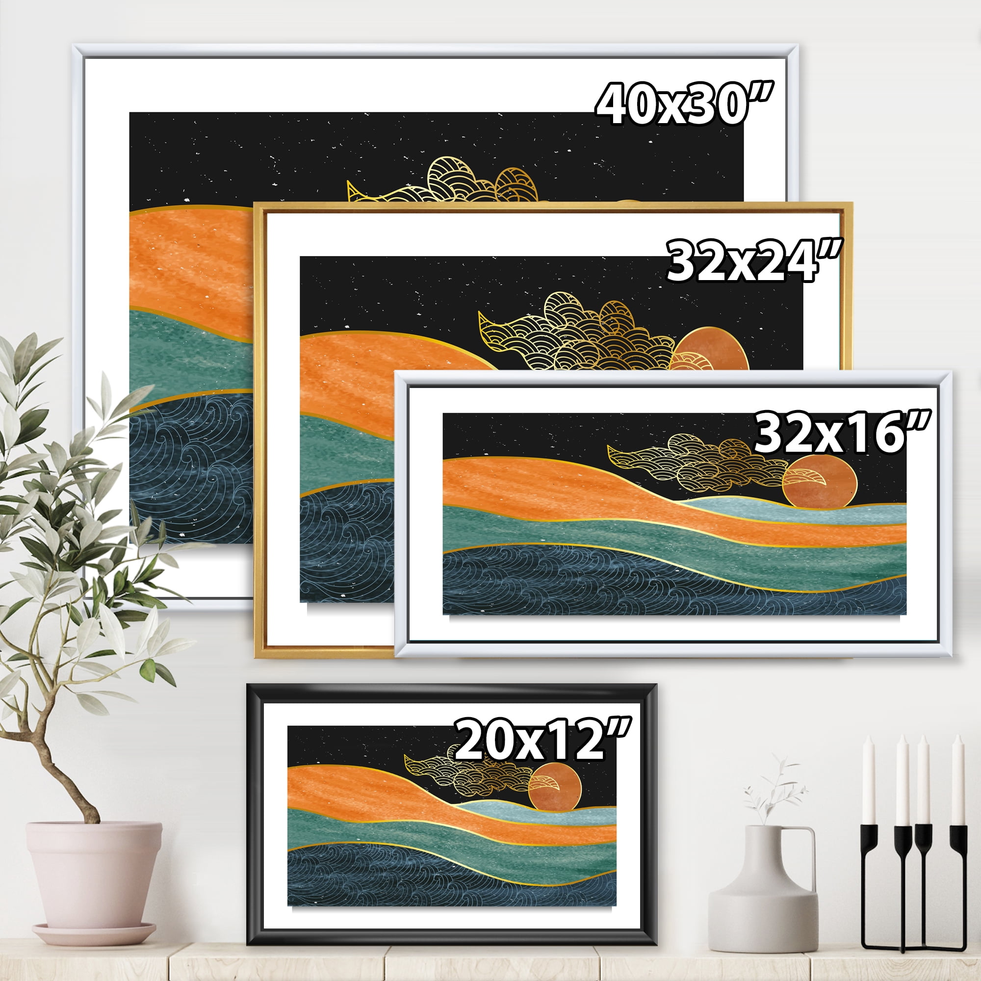 Abstract Nature Sea Sun Sky Mountain Landscape 20 in x 12 in Framed Painting Canvas Art Print, by Designart