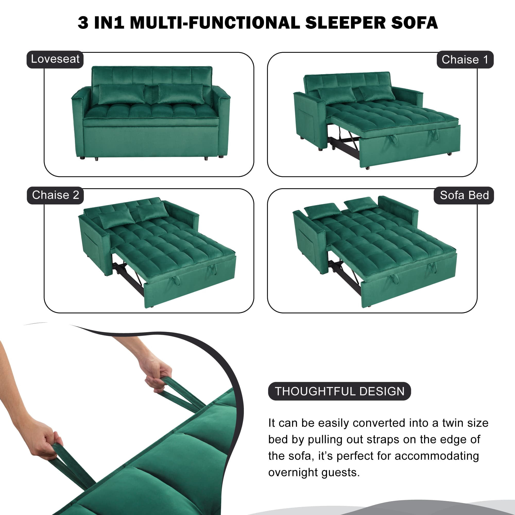 BSHTI 54" Fold out Sleeper Sofa Bed,Convertible Twin-Size Bed,With 3 Angles Adjustable Backres,Velvet Upholstery,Easy Assembly, Green