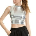 thumbnail image 2 of Women Faux Leather Shiny Wetlook Mock Neck Crop Top Vest Tank Top Dance Clubwear, 2 of 11
