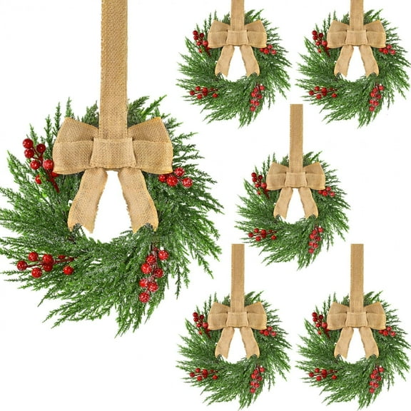 Guvpev 6 Pcs Small Christmas Wreath 12'' Mini Wreaths for Kitchen Cabinet Wreaths with Red Berry & Jute Bow Window Christmas Xmas Farmhouse Decoration for Front Door Chair Wall