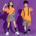 thumbnail image 4 of Traje de baile de hip hop naranja para niños, disfraces de actuación en el escenario para niños, ropa de actuación en equipo con costuras contrastantes para niñas, 4 of 5