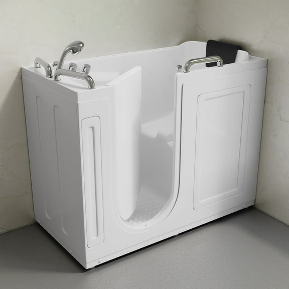 Auvergne 53" x 27" ADA Left Drain Walk-in Soaking Bathtub in Glossy White, Faucet Set, Drain, Grab Bars, Pillow Included